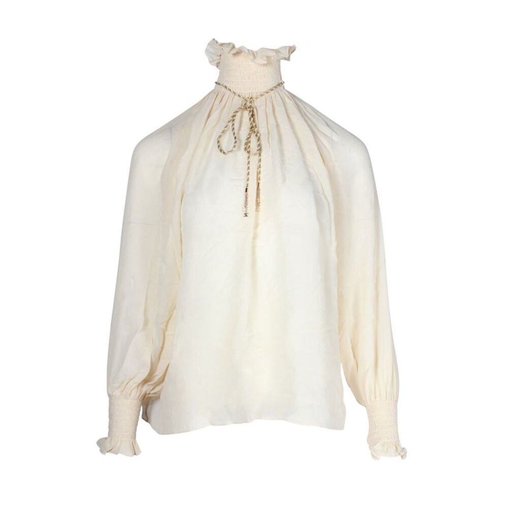 Celine Ruched Neck and Rope Necklace Detail Top in Cream Silk